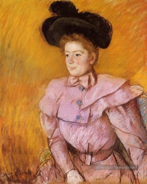  bois peintre - Femme dans un chapeau noir et un costume rose framboise mères des enfants Mary Cassatt